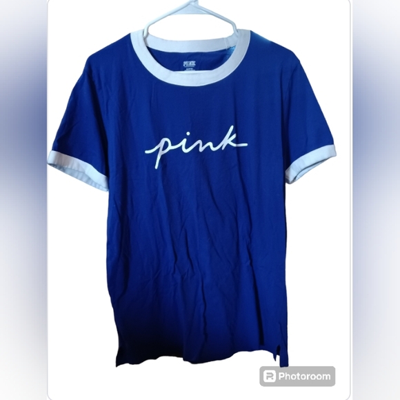 PINK VS Campus Ringer Tee Royal Blue & White Logo Script - Picture 3 of 6